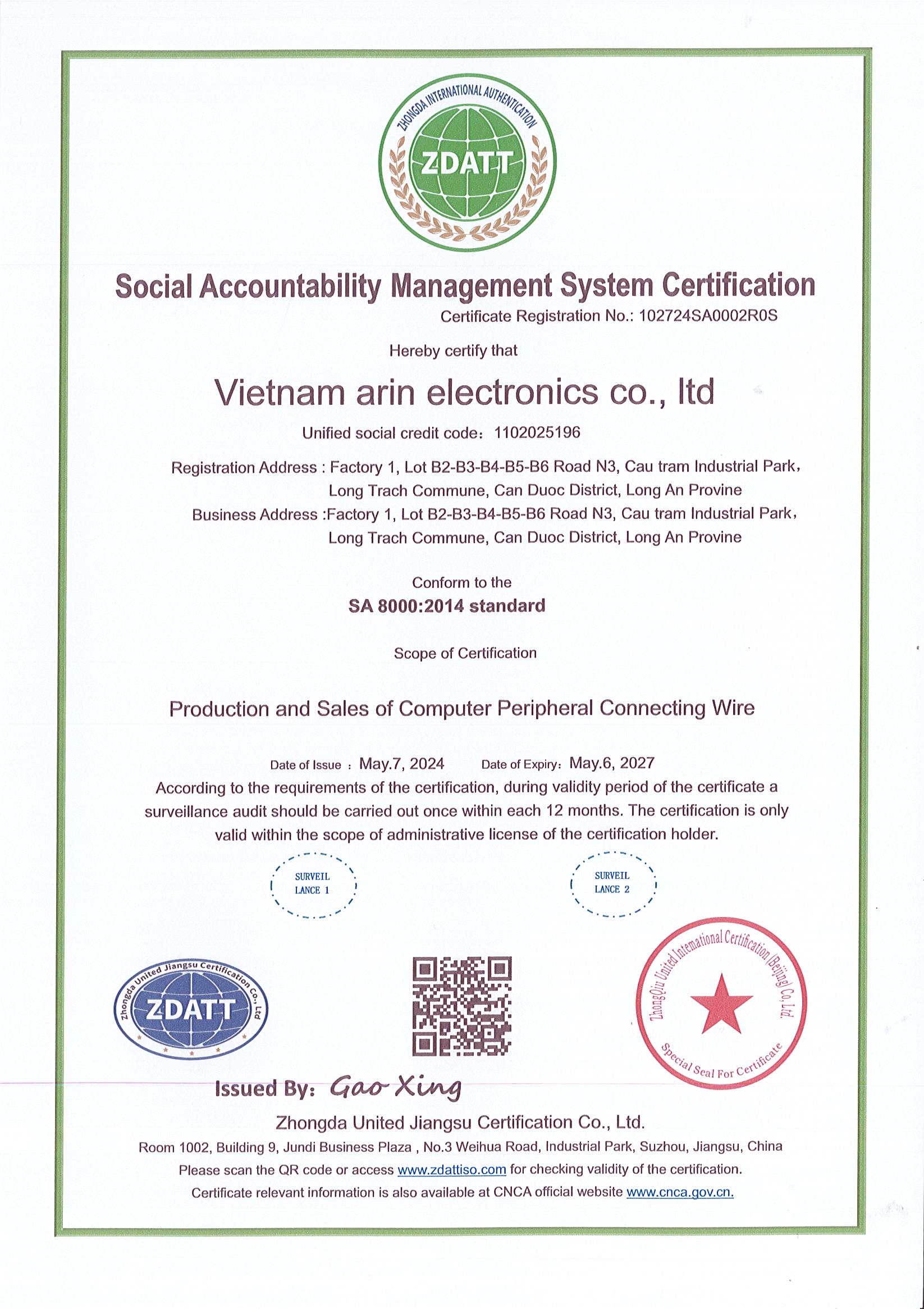 SA8000 Certification Vietnam Arin
